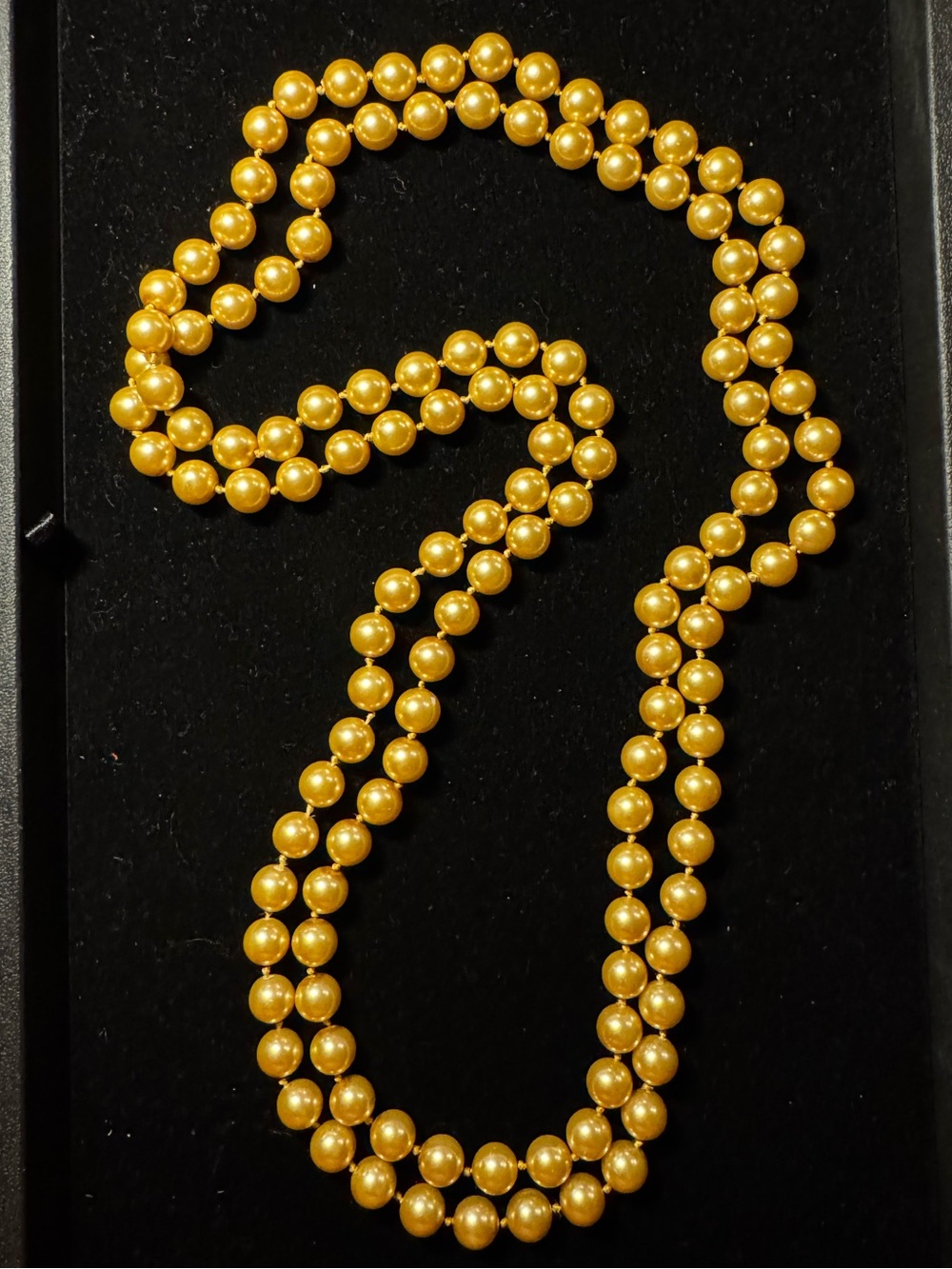 Vintage Knotted Gold Glass Pearl Bead 60” Long Necklace